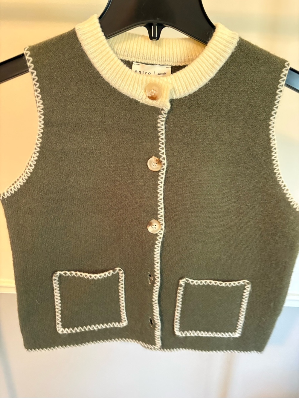 Cream Trim Olive Knit Button-Up Vest - Women Sweaters
